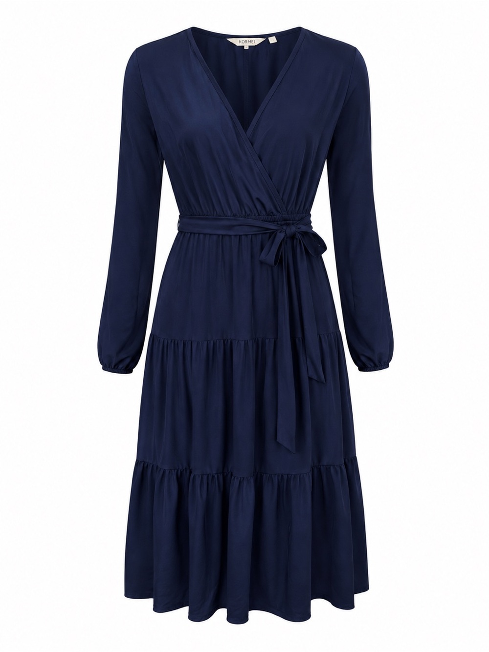 KorMei Navy Wrap Tie-Waist Tiered Long-Sleeve Dress